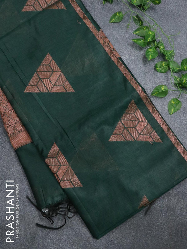 Banarasi cotton saree dark green with copper zari woven geometric buttas and piping border - {{ collection.title }} by Prashanti Sarees