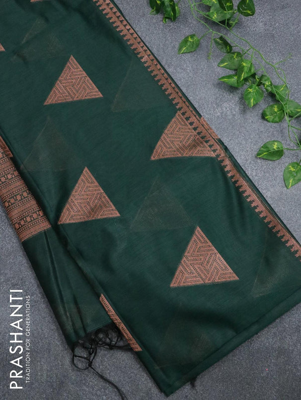 Banarasi cotton saree dark green with copper zari woven geometric buttas and piping border - {{ collection.title }} by Prashanti Sarees