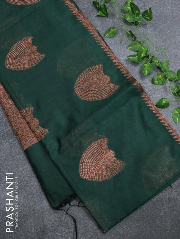 Banarasi cotton saree dark green with copper zari woven geometric buttas and piping border - {{ collection.title }} by Prashanti Sarees