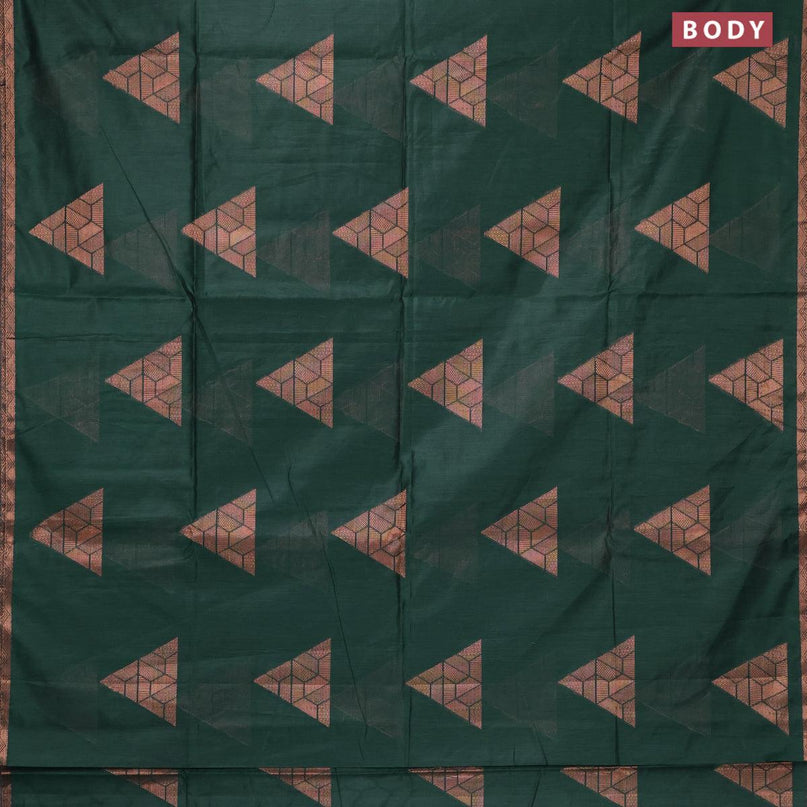 Banarasi cotton saree dark green with copper zari woven geometric buttas and piping border - {{ collection.title }} by Prashanti Sarees