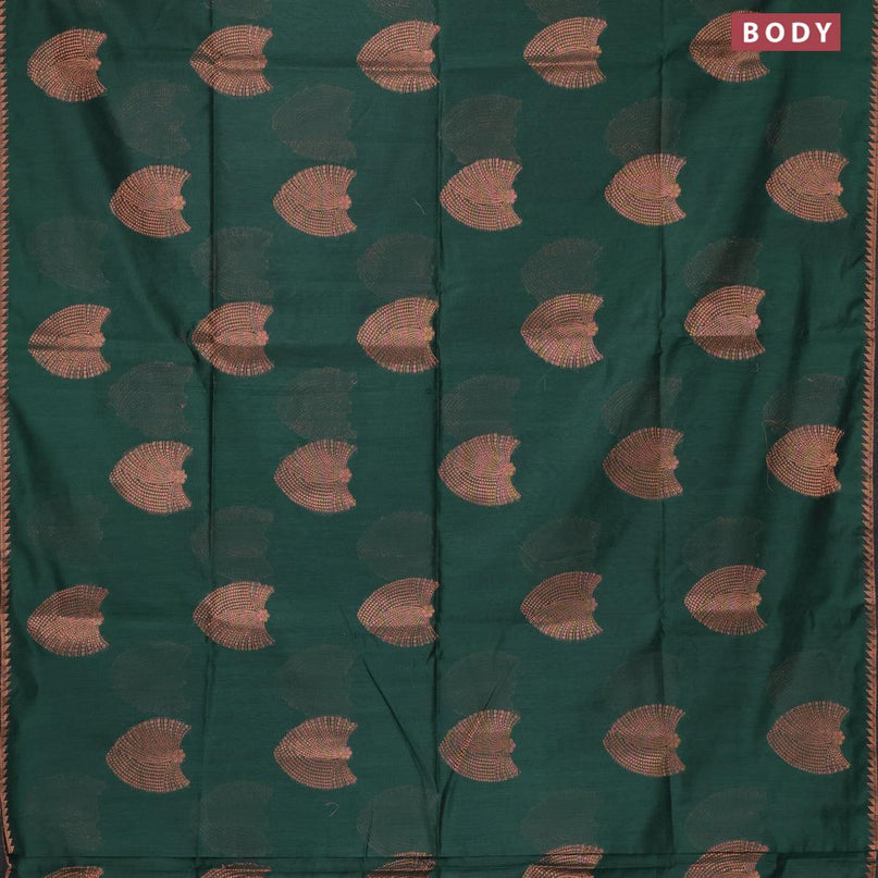 Banarasi cotton saree dark green with copper zari woven geometric buttas and piping border - {{ collection.title }} by Prashanti Sarees