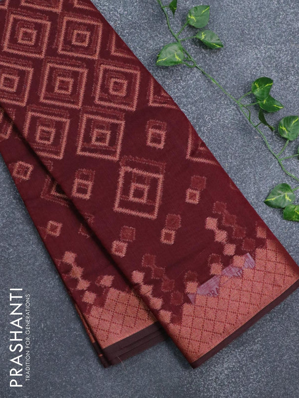 Banarasi cotton saree maroon with allover copper zari weaves and copper zari woven border - {{ collection.title }} by Prashanti Sarees