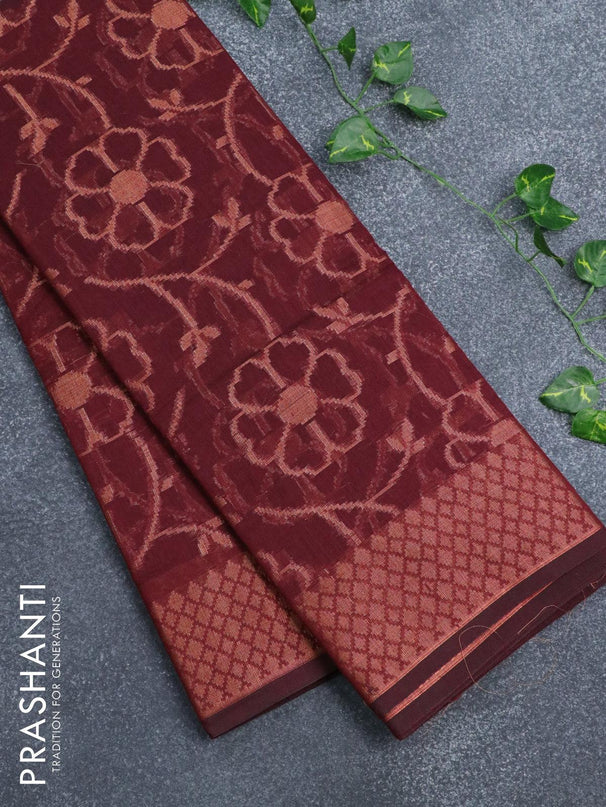 Banarasi cotton saree maroon with allover copper zari woven floral weaves and zari woven border - {{ collection.title }} by Prashanti Sarees