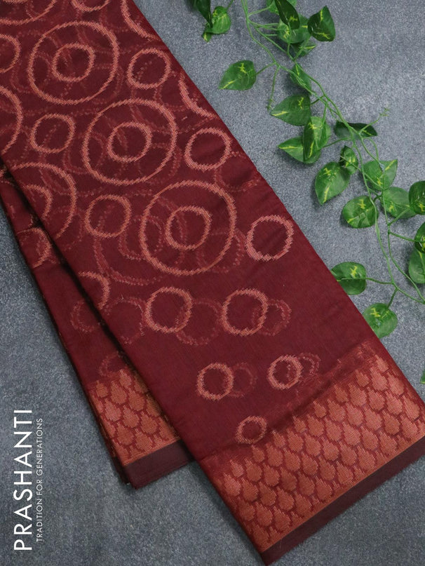 Banarasi cotton saree maroon with copper zari woven buttas and copper zari woven border - {{ collection.title }} by Prashanti Sarees