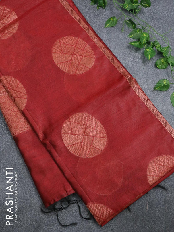 Banarasi cotton saree maroon with copper zari woven buttas and piping border - {{ collection.title }} by Prashanti Sarees