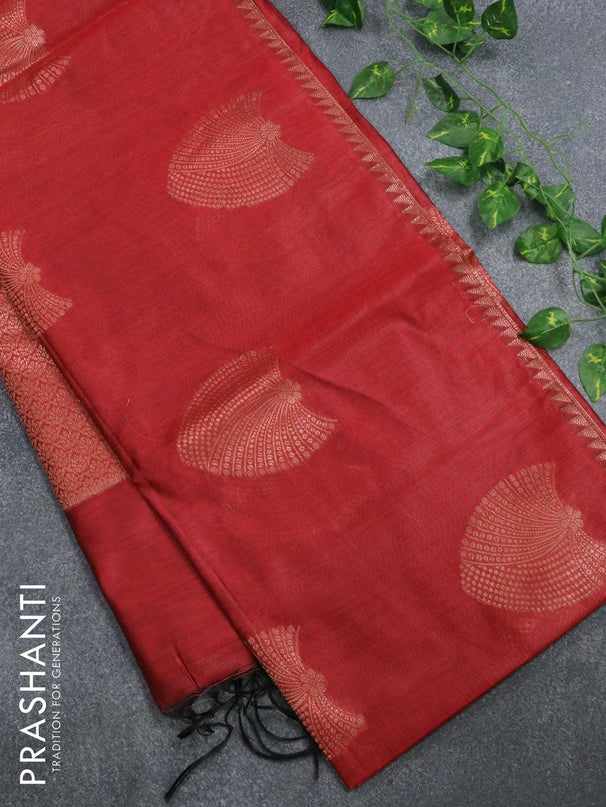 Banarasi cotton saree maroon with copper zari woven buttas and piping border - {{ collection.title }} by Prashanti Sarees