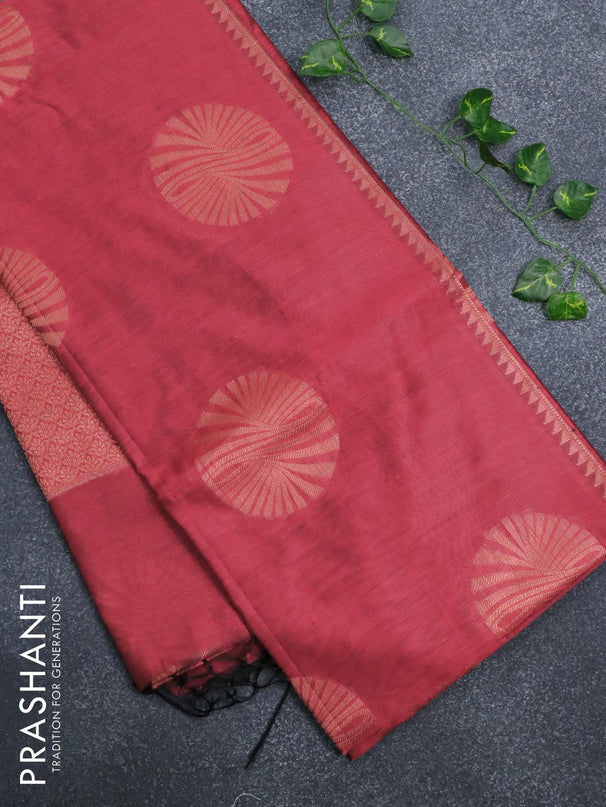 Banarasi cotton saree maroon with copper zari woven buttas and piping border - {{ collection.title }} by Prashanti Sarees