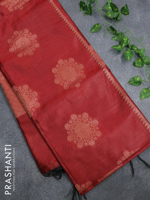 Banarasi cotton saree maroon with copper zari woven buttas and piping border - {{ collection.title }} by Prashanti Sarees