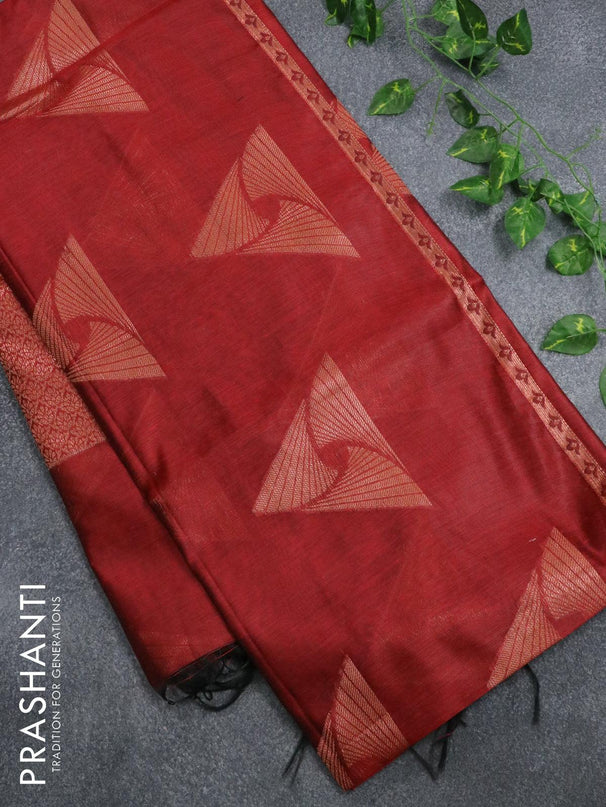 Banarasi cotton saree maroon with copper zari woven buttas and piping border - {{ collection.title }} by Prashanti Sarees