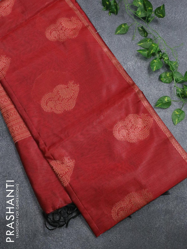 Banarasi cotton saree maroon with copper zari woven buttas and piping border - {{ collection.title }} by Prashanti Sarees