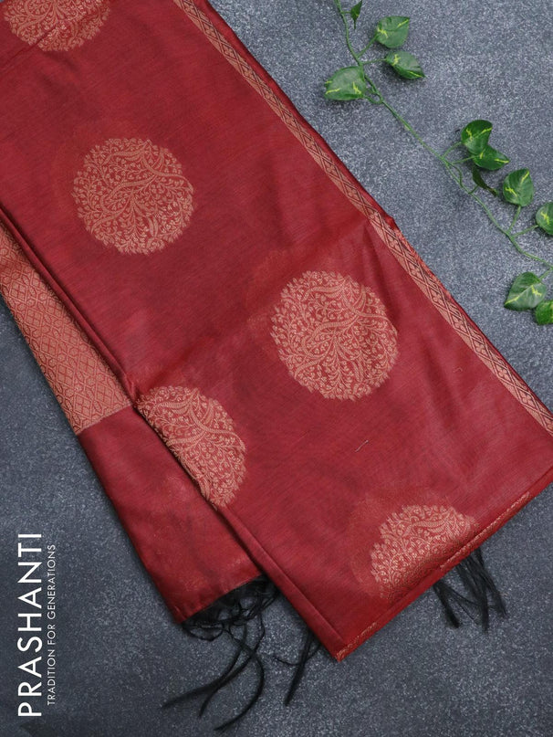 Banarasi cotton saree maroon with copper zari woven buttas and piping border - {{ collection.title }} by Prashanti Sarees