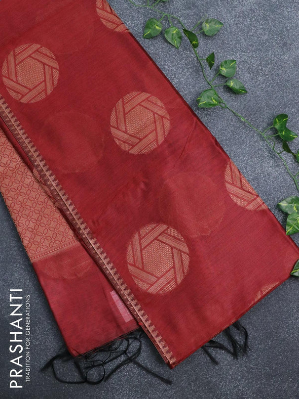 Banarasi cotton saree maroon with copper zari woven buttas and piping border - {{ collection.title }} by Prashanti Sarees