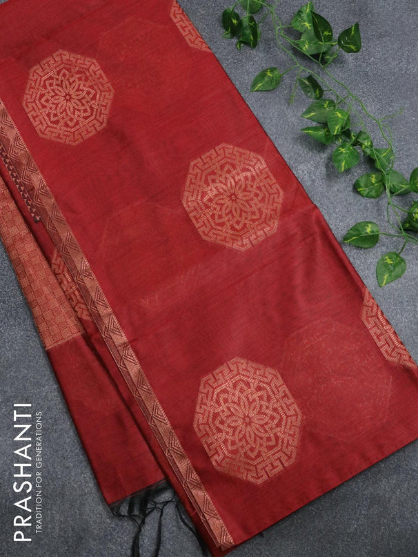 Banarasi cotton saree maroon with copper zari woven buttas and piping border - {{ collection.title }} by Prashanti Sarees