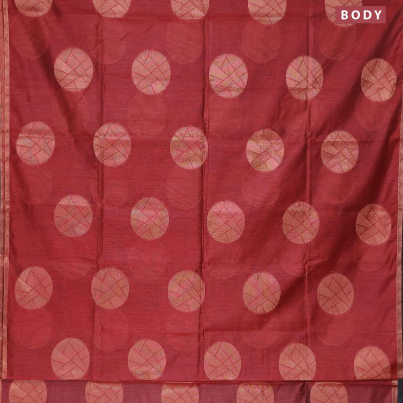 Banarasi cotton saree maroon with copper zari woven buttas and piping border - {{ collection.title }} by Prashanti Sarees