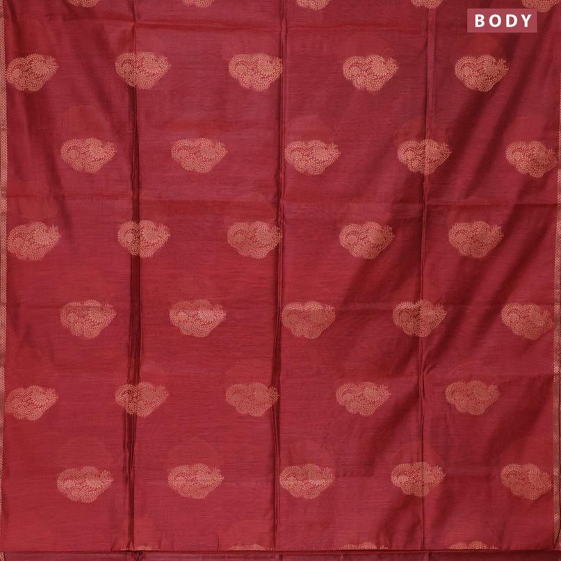 Banarasi cotton saree maroon with copper zari woven buttas and piping border - {{ collection.title }} by Prashanti Sarees