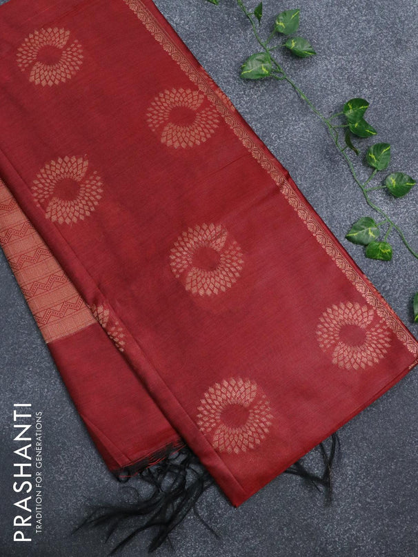 Banarasi cotton saree maroon with copper zari woven floral buttas and piping border - {{ collection.title }} by Prashanti Sarees