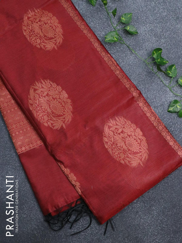 Banarasi cotton saree maroon with copper zari woven floral buttas and piping border - {{ collection.title }} by Prashanti Sarees