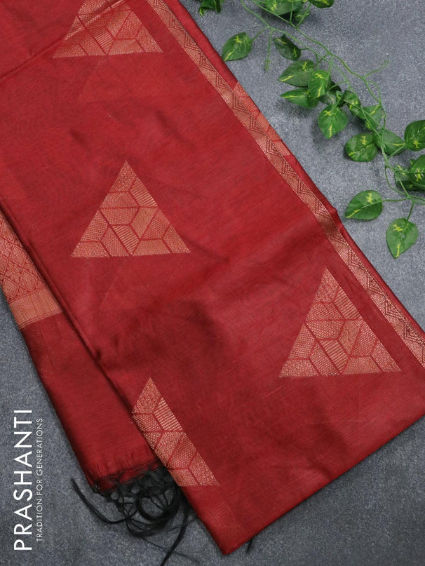 Banarasi cotton saree maroon with copper zari woven geometric buttas and piping border - {{ collection.title }} by Prashanti Sarees