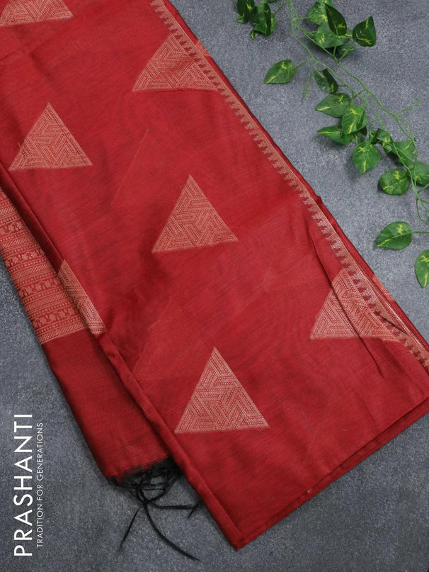 Banarasi cotton saree maroon with copper zari woven geometric buttas and piping border - {{ collection.title }} by Prashanti Sarees