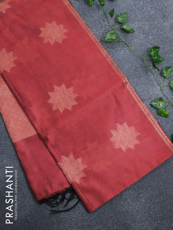 Banarasi cotton saree maroon with copper zari woven geometric buttas and piping border - {{ collection.title }} by Prashanti Sarees