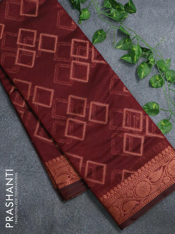 Banarasi cotton saree maroon with copper zari woven geometric weaves and copper zari woven floral border - {{ collection.title }} by Prashanti Sarees