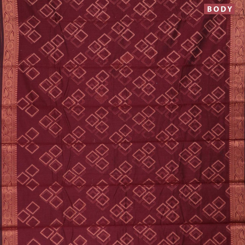 Banarasi cotton saree maroon with copper zari woven geometric weaves and copper zari woven floral border - {{ collection.title }} by Prashanti Sarees