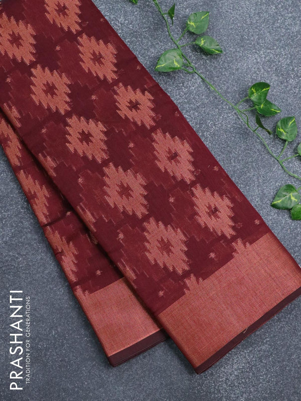 Banarasi cotton saree maroon with copper zari woven ikat weaves and copper zari woven border - {{ collection.title }} by Prashanti Sarees