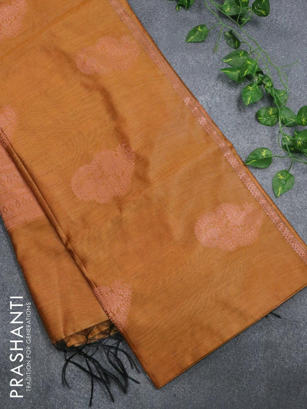 Banarasi cotton saree mustard shade with copper zari woven buttas and piping border - {{ collection.title }} by Prashanti Sarees