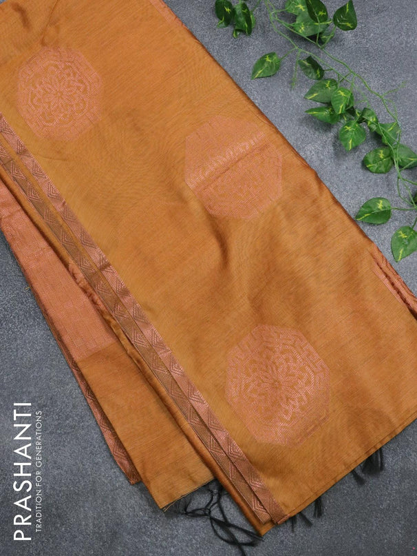 Banarasi cotton saree mustard yellow with copper zari woven buttas and piping border - {{ collection.title }} by Prashanti Sarees