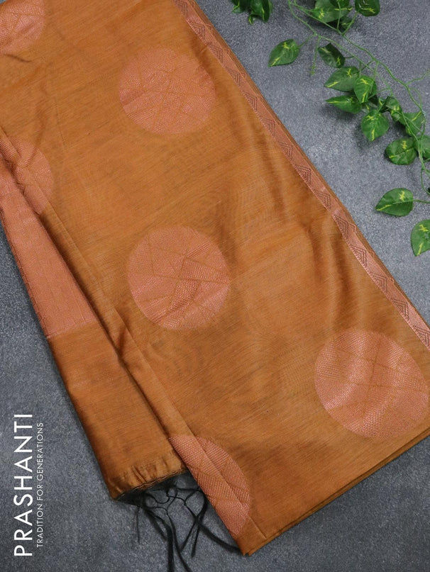 Banarasi cotton saree mustard yellow with copper zari woven buttas and piping border - {{ collection.title }} by Prashanti Sarees