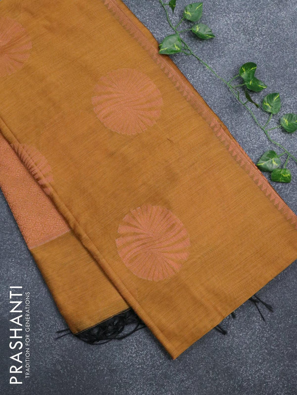 Banarasi cotton saree mustard yellow with copper zari woven buttas and piping border - {{ collection.title }} by Prashanti Sarees