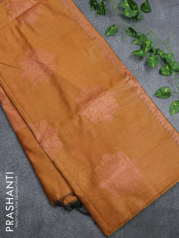 Banarasi cotton saree mustard yellow with copper zari woven buttas and piping border - {{ collection.title }} by Prashanti Sarees