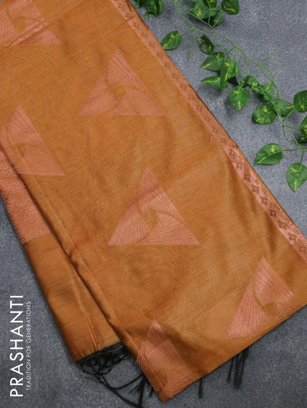 Banarasi cotton saree mustard yellow with copper zari woven buttas and piping border - {{ collection.title }} by Prashanti Sarees