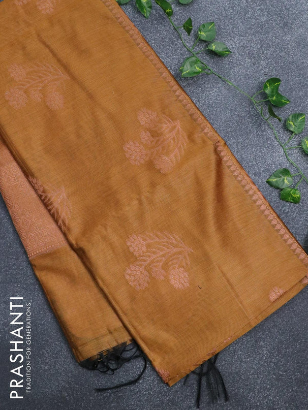 Banarasi cotton saree mustard yellow with copper zari woven buttas and piping border - {{ collection.title }} by Prashanti Sarees