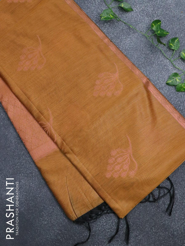 Banarasi cotton saree mustard yellow with copper zari woven buttas and piping border - {{ collection.title }} by Prashanti Sarees