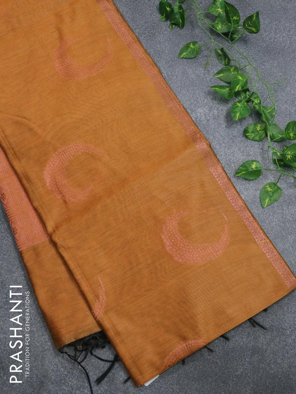 Banarasi cotton saree mustard yellow with copper zari woven buttas and piping border - {{ collection.title }} by Prashanti Sarees