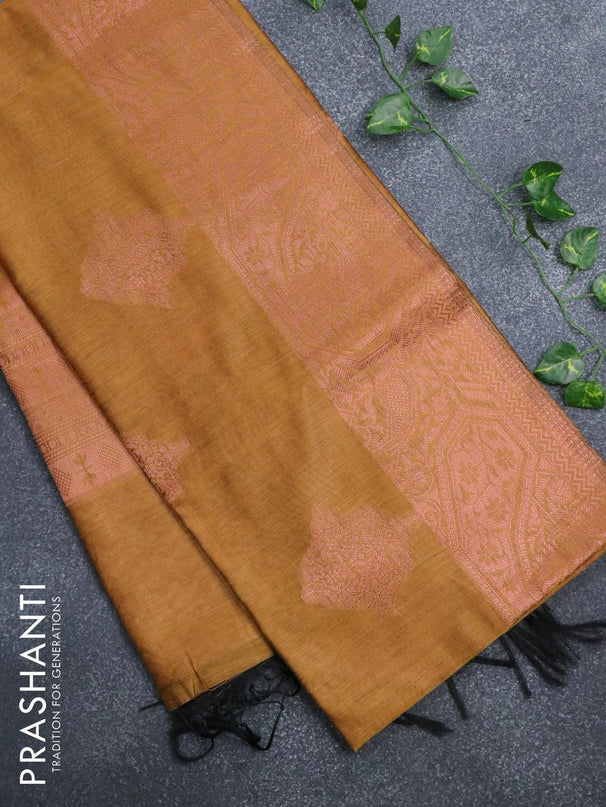 Banarasi cotton saree mustard yellow with copper zari woven buttas and piping border - {{ collection.title }} by Prashanti Sarees