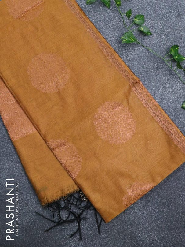 Banarasi cotton saree mustard yellow with copper zari woven buttas and piping border - {{ collection.title }} by Prashanti Sarees