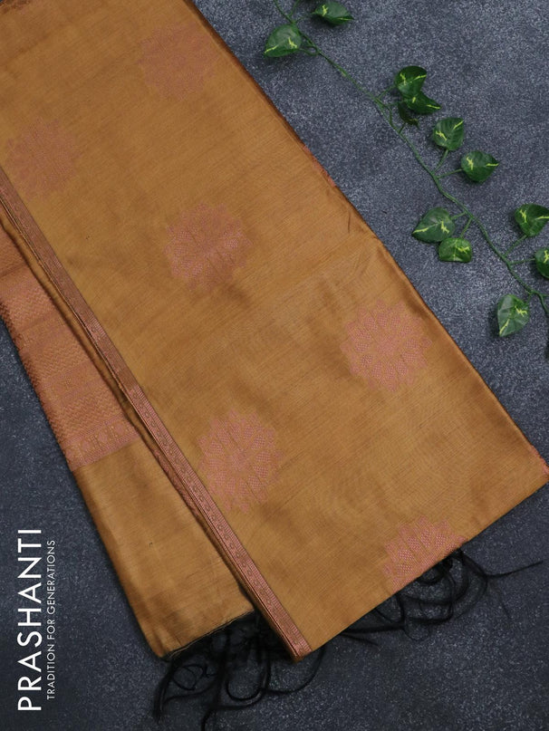 Banarasi cotton saree mustard yellow with copper zari woven buttas and piping border - {{ collection.title }} by Prashanti Sarees