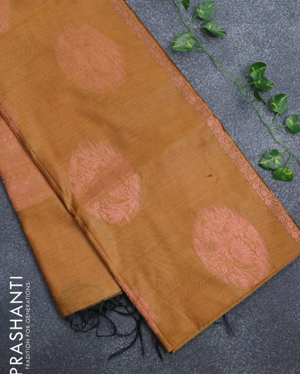 Banarasi cotton saree mustard yellow with copper zari woven floral buttas and piping border - {{ collection.title }} by Prashanti Sarees