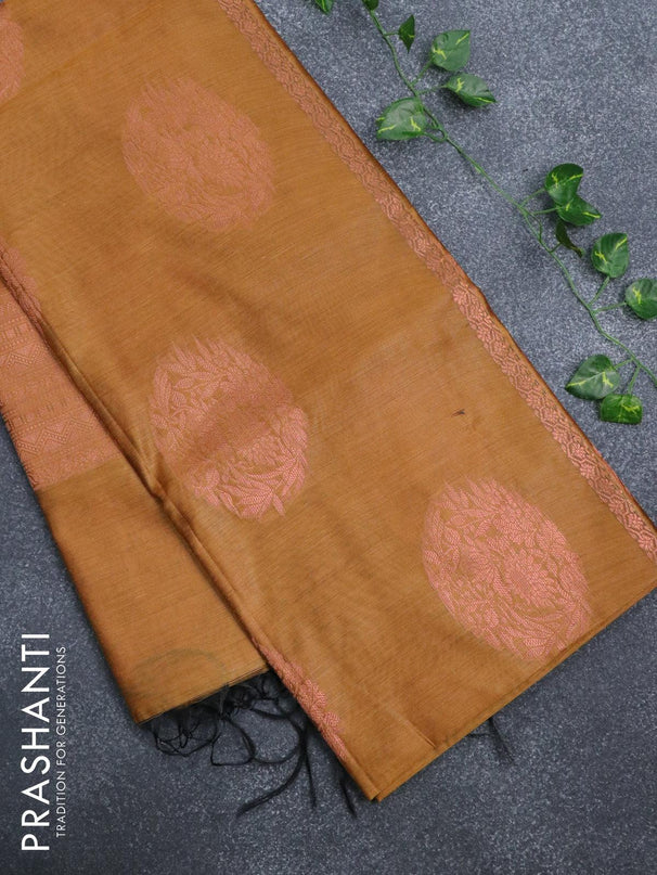 Banarasi cotton saree mustard yellow with copper zari woven floral buttas and piping border - {{ collection.title }} by Prashanti Sarees