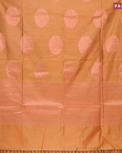 Banarasi cotton saree mustard yellow with copper zari woven floral buttas and piping border - {{ collection.title }} by Prashanti Sarees