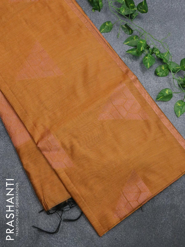 Banarasi cotton saree mustard yellow with copper zari woven geometric buttas and piping border - {{ collection.title }} by Prashanti Sarees