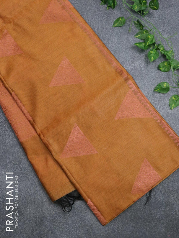 Banarasi cotton saree mustard yellow with copper zari woven geometric buttas and piping border - {{ collection.title }} by Prashanti Sarees