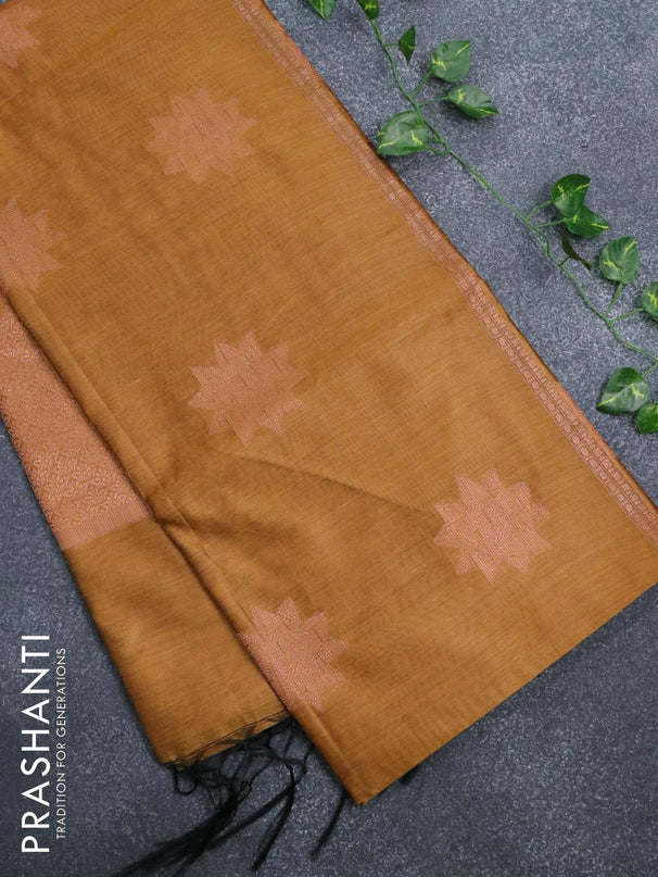 Banarasi cotton saree mustard yellow with copper zari woven geometric buttas and piping border - {{ collection.title }} by Prashanti Sarees