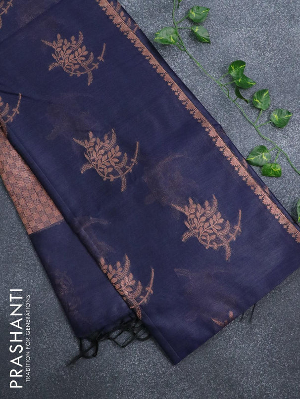 Banarasi cotton saree navy blue with copper zari woven buttas and piping border - {{ collection.title }} by Prashanti Sarees