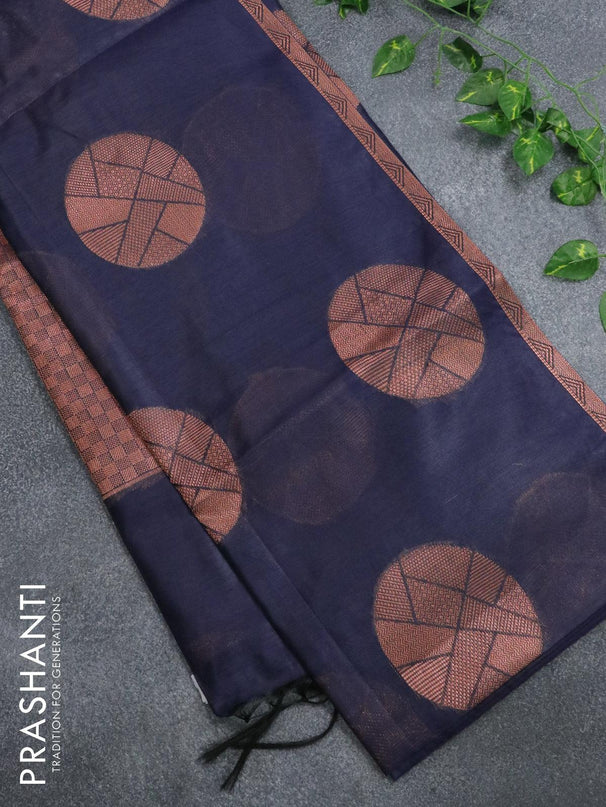 Banarasi cotton saree navy blue with copper zari woven buttas and piping border - {{ collection.title }} by Prashanti Sarees