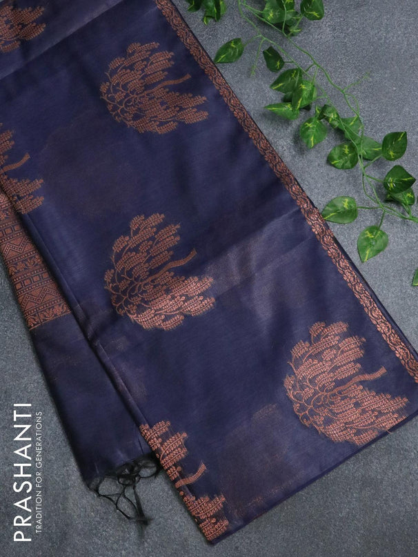 Banarasi cotton saree navy blue with copper zari woven buttas and piping border - {{ collection.title }} by Prashanti Sarees