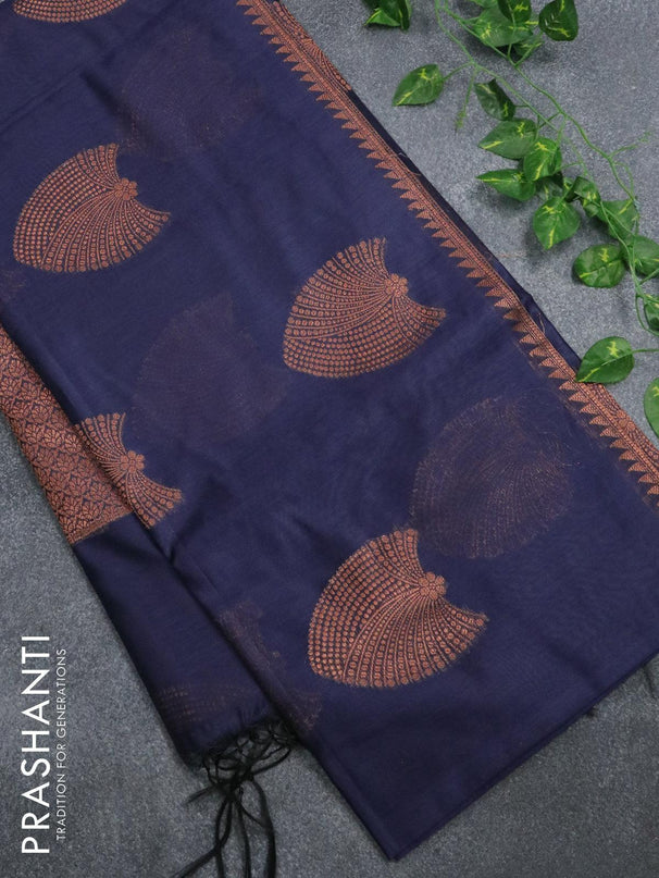 Banarasi cotton saree navy blue with copper zari woven buttas and piping border - {{ collection.title }} by Prashanti Sarees