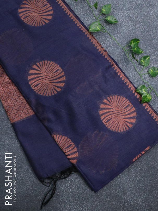 Banarasi cotton saree navy blue with copper zari woven buttas and piping border - {{ collection.title }} by Prashanti Sarees